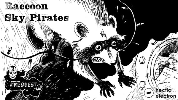 THe kickstarter banner for Raccoon Sky Pirates. It shows a black and white illustration of a raccoon leaping away from a rock toward a space ship of some kind