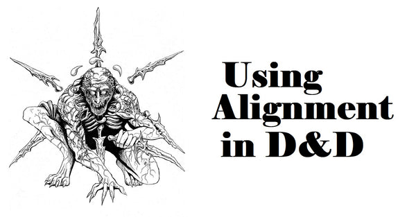 An illustration of Bhaal, a monstrous lookng man with showing muscles surrounded by floating knives, next to the words "Using Alignment in D&D"