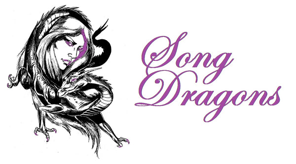 A black and white illustration from Dragon Magazine of a Song dragon. It shows a small dragon curled around a woman's face. Next to that, in purple, are the words "Song Dragons" in cursive font