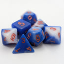 Set of blue and white polyhedral dice with orange numbers on a white background