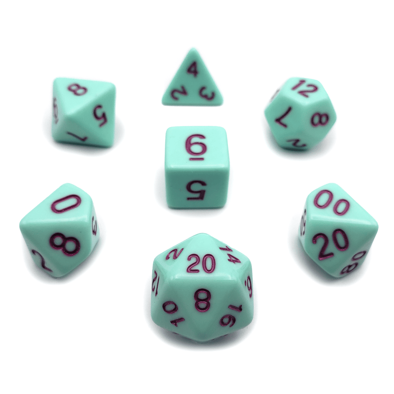 Crème de Menthe - D20 Collective - Dice - DND Tabletop RPG Dice - .48, 7 Piece Sets, Acrylic, Blue, Dice, Dice and Tokens, dicecolor_Blue, dicecolor_Green, diceluminescence_None, diceluminescencel_None, dicematerial_Acrylic, dicenumber color_Purple, dicenumbercolor_magenta, dicenumbercolor_Purple, diceopacity_Solid, dicepattern_Solid, dicesize_Standard, Gaming Dice, Green, material_Acrylic, None, Plastic Dice, Purple, size_Standard, Solid, Standard, under10