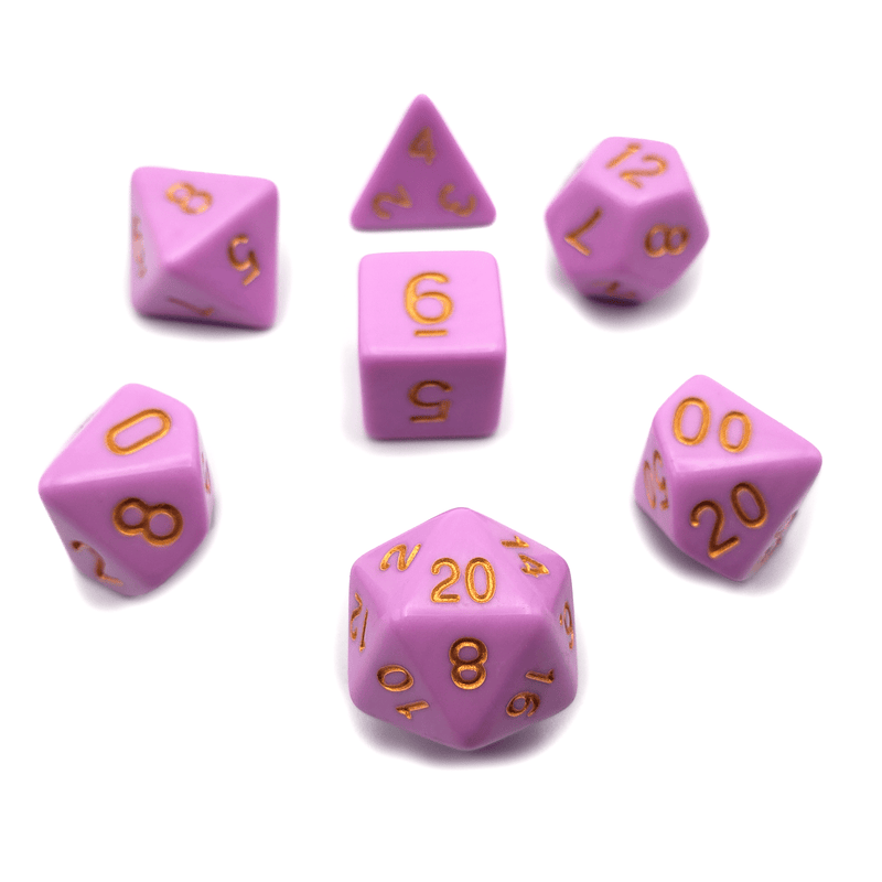 Pixie's Lullaby - D20 Collective - Dice - DND Tabletop RPG Dice - .48, 7 Piece Sets, Acrylic, Dice, Dice and Tokens, dicecolor_Pink, diceluminescence_None, dicematerial_Acrylic, dicenumber color_Gold, diceopacity_Solid, dicepattern_Solid, dicesize_Standard, Gaming Dice, Gold, None, Pink, Solid, Standard