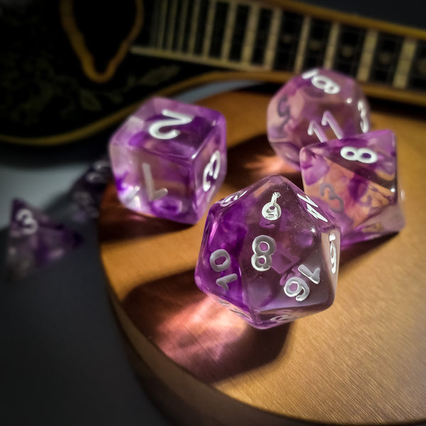 Bard Class Dice - D20 Collective - Dice - DND Tabletop RPG Dice - 7 Piece Sets, Acrylic, Clear, Dice, dicematerial_Acrylic, Marbled, None, Purple, Standard, Transparent, White Numbers