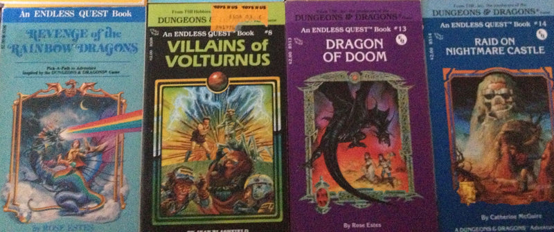 A photo of 4 Dungeons and Dragons books: Revenge of the Rainbow Dragons, Villains of Volturnus, Dragons of Doom, and Raid on Nightmare Castle