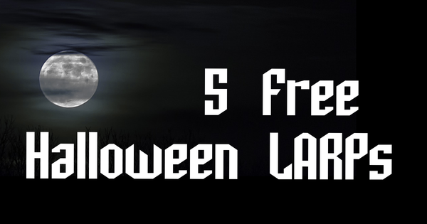 A black rectangle with a moon partially hidden by clouds. Next to it is the text "5 Free Halloween LARPs"