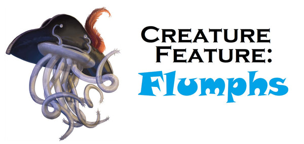 An illustration of a flumph wearing a pirate hat. Next to it are the words "Creature Feature: Flumphs", with "Flumphs" in blue font