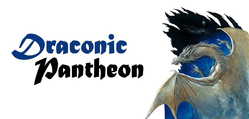 An illustration of Bahamut, a platinum dragon against a dark background that appears to be torn out of a blank white one, next to the words "Draconic Pantheon"