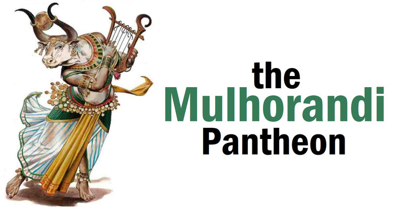 An illustraration of Hathor, a woman with a bulls head with a disk between the horns, wearing elaborate egyptian dress and holding a lyre. Next to her are the words "the Mulhorandi Pantheon"