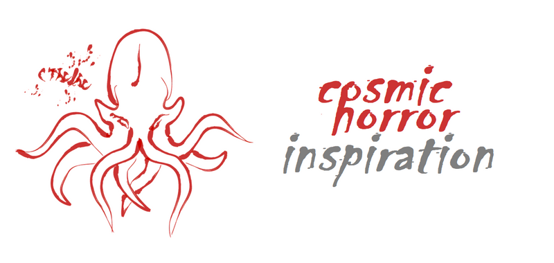 An illustration of a squid like head with tentacles and small eyes in red against a white background. Next to it are the words "cosmic horror inspiration"