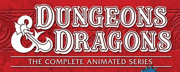 The title from the dnd box art for the Dungeon and Dragons Animated series. The title is in antiquated font in white against a red background. 