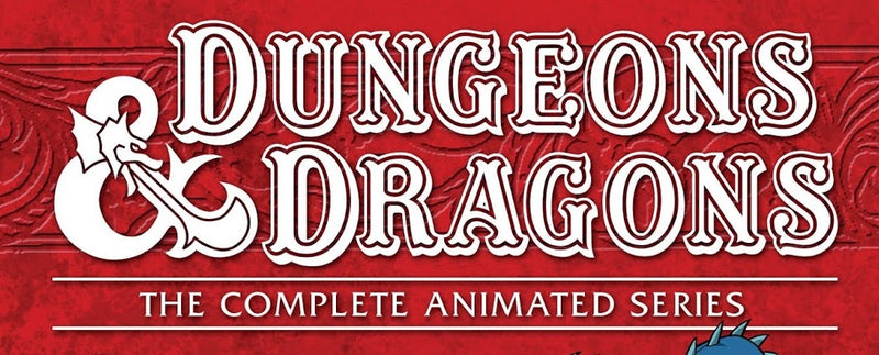 The title from the dnd box art for the Dungeon and Dragons Animated series. The title is in antiquated font in white against a red background. 