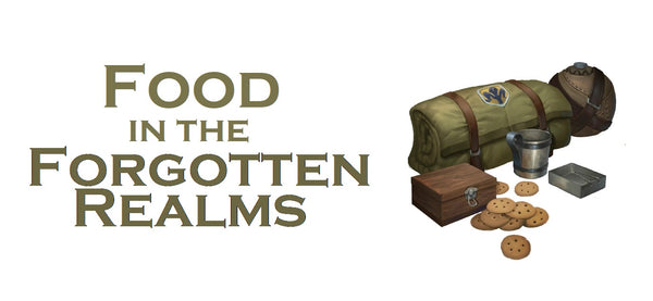 An illustration of a travel pack from 5e DnD. It shows a bedroll, several rations, and a tinderbox. Next to it are the words "Food in the Forgotten Realms" in green font