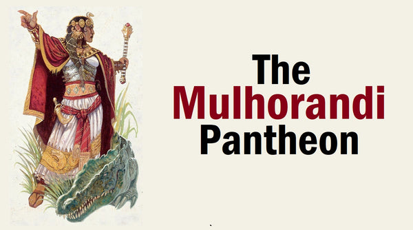 An illustration of a woman in white and red egyptian robes holding a rod and standing over a crocodile against a pale yellow background. Next to her are the words "the mulhorandi pantheon"