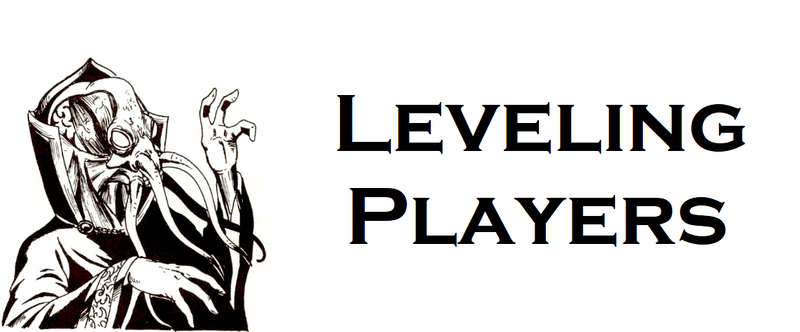 A black and white illustration of a mindflayer holding up a hand menacingly. Next to him are the words "leveling players"