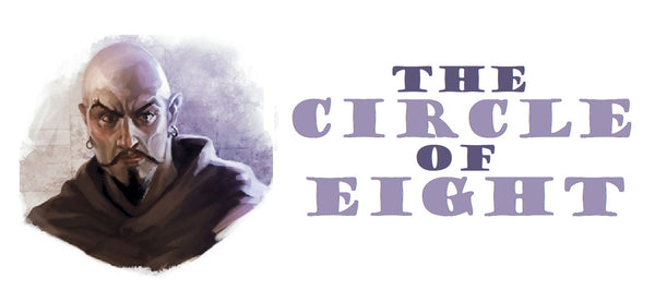 An illustration of Mordenkainen - a bald man with a pointed goatee and brown robes in purple-ish light, next to the words "the circle of eight" in purple font