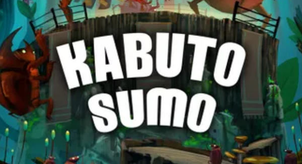 The title of the game Kabuto Sumo from the box cover art. It shows the name of the game in block letters in front of a wooden sumo wrestling ring. 
