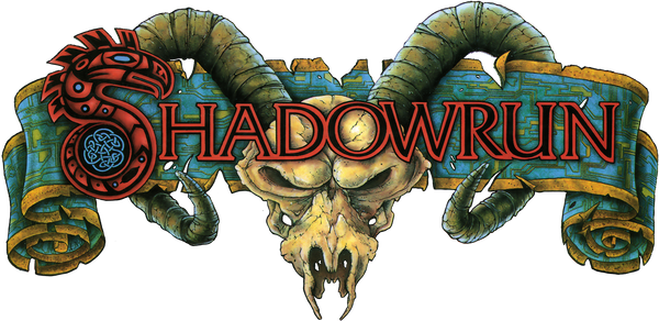 An image of the 2e Shadowrun logo, which looks like a skull with large curling horns, which loop around a blue banner. In front of both of these is the title "Shadowrun"