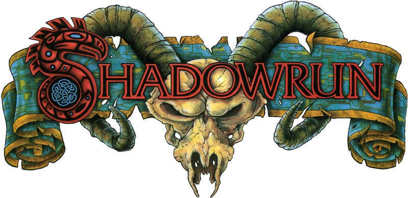 An image of the 2e Shadowrun logo, which looks like a skull with large curling horns, which loop around a blue banner. In front of both of these is the title "Shadowrun"