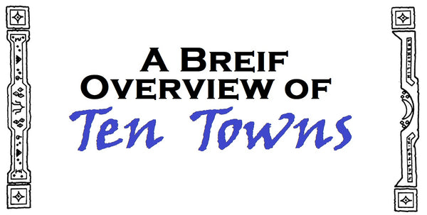 Two elaborate border images from a map of Ten Towns, with runes and stars along their sides, which surround the words "A Brief Overview of Ten Towns"