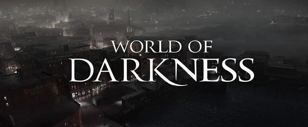 An image from the World of Darkness website. it shows a dark, foggy city, overlaid with the words "World of Darkness" overlaid in stylistic font