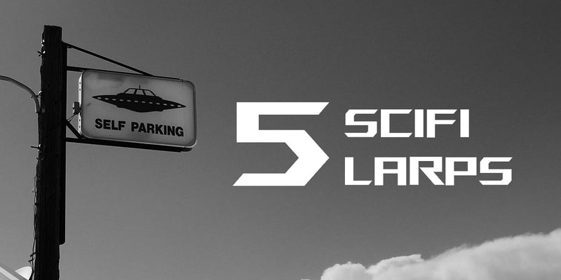 A black and white photo of a sign with a UFO that reads "Free Parking". Next to it are the words "5 Scifi LARPs"