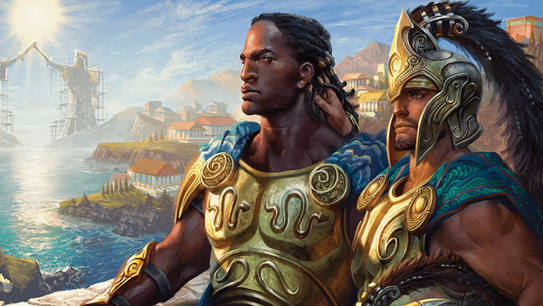 An illustration from the Mythic Odyssey of Theros sourcebook, depicting two attractive, dark-skinned men in grecian armor against an ancient grecian backdrop. 