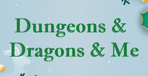 A blue background with the faint outline of a reindeer, with the words "Dungeons and Dragons and Me" over top in green typeface