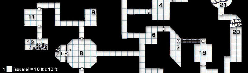 A scan of an old dungeon map in black and white. The rooms are in white against a black background, with a key indicating that one square equals 10 feet. 