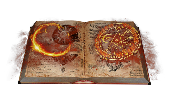 A drawing of an open spell book, with the circles and runes lit up in glowing orange as though on fire