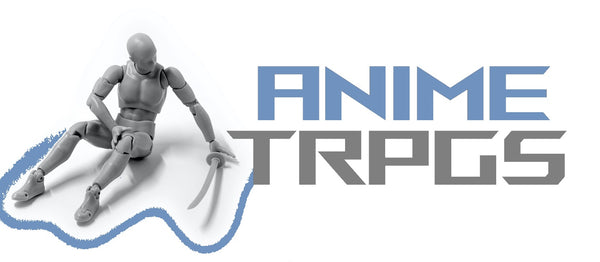 A photo of an anime posing art reference doll sitting and holding a katana. A greysih blue line from its hit leads to the words "Anime TRPGs" next to it
