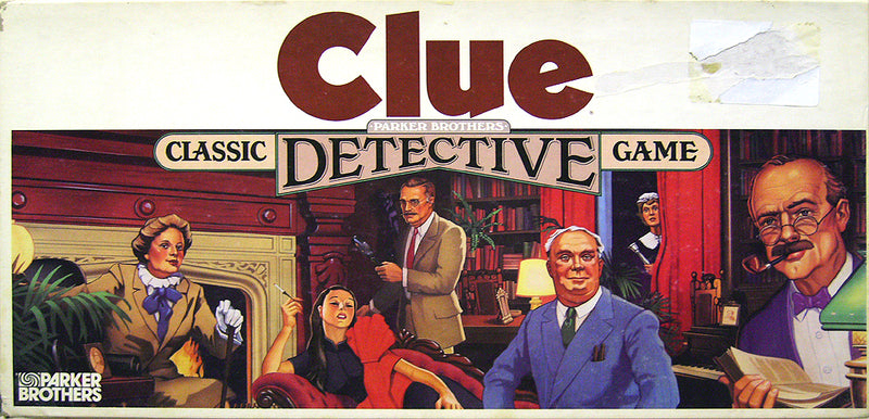 Box art for the boardgame Clue - it shows the title of the game: "Clue: Classic Detective Game", with painted illustrations of several individuals in different colored 1950s clothing seeming to investigate some kind of house. 