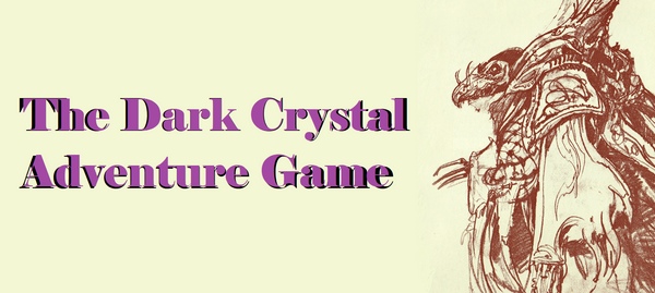 A sketch of concept art for the Skeksis from The Dark Crystal in red pencil against a yellow background. To the left is the words The Dark Crystal Adventure Game in purple and black font