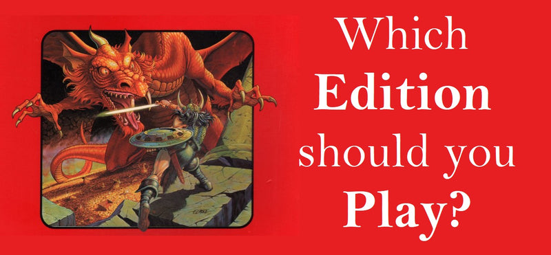 An illustration from Basic Dungeons and Dragons of a man in maille armor fighting a red dragon. Next to the image, against a red background, is the words "Which Edition Should You Play?"