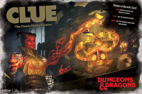 A image of the box art for DnD Clue. It shows a red skinned tiefling in armor, standing in front of a cityscape and next to what looks like a puzzle box of some kind