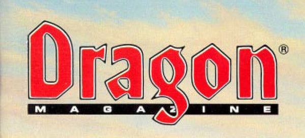 The header from Dragon Magazine #132. it shows the word Dragon in large, red font in front on a yellow and blue sky, and a black bar beneath it with the word "Magazine" cut out from the bar in capitals