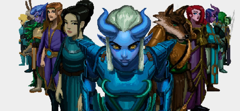 A screenshot from the Drunken Dragon website, showing several adventurers that might be played in the game. The one in front is a blue tiefling, with horns and white hair and metal armor
