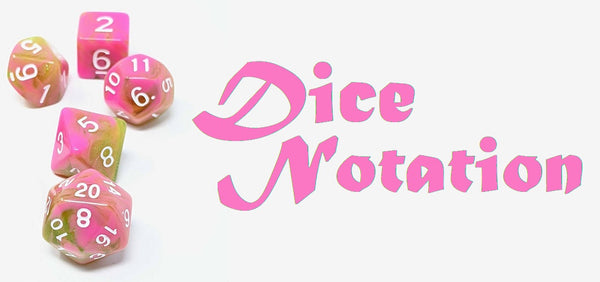 A photo of the D20Collective dice set Feywild floss, with some of the dice cropped out. The dice are pink and green with white numbers, and are next to stylized text reading "Dice Notation".