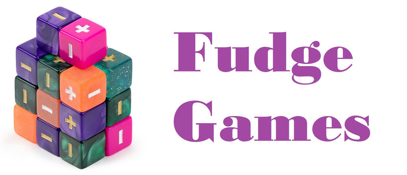 A photo of a stack of Fudge dice (dice with plus and minus signs on each side of the cube) in various colors. Next to the dice are the words "Fudge Games"