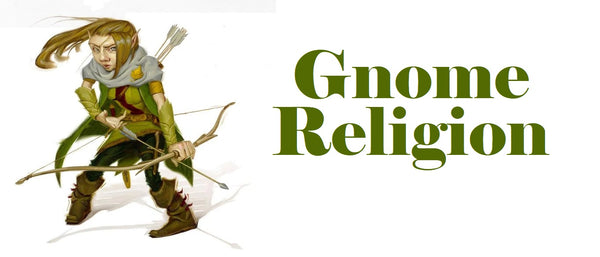 An illustration of a gnome in green clothing, holding a bow and arrow against a white background. Next to her in green lettering are the words Gnome Religion
