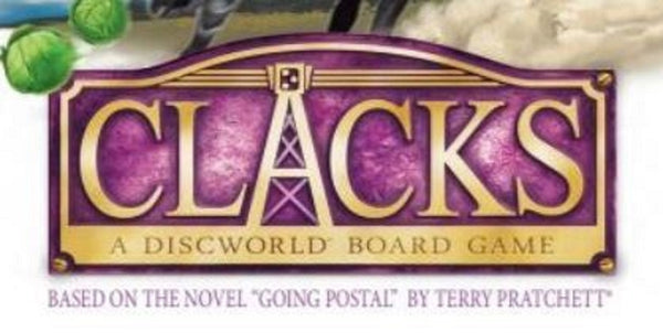 A photo of the Title of the Clacks Collectors Edition game, with the title in gold and the A in the shape of a Clacks Tower. 