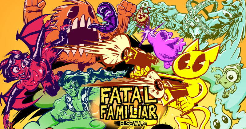 An illustration of several cartoon monsters of various colors and shapes in front of a orange backgrounds. In front of them are the words "Fatal Familiar"