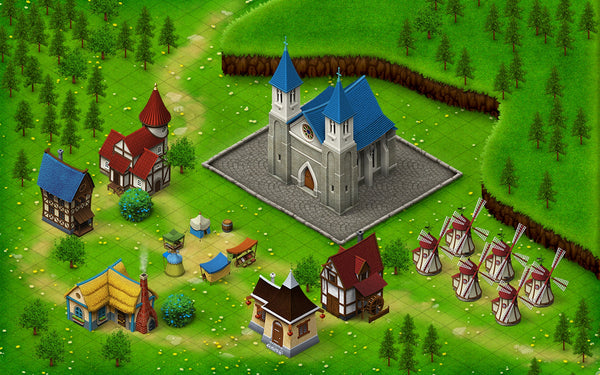 An image of a fantasy map with small houses, a castle, and several windmills, arranged on a grid as if they are on a videogame or boardgame map
