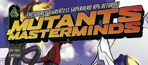 Part of a cover of a Mutants and Masterminds book, showing the title of the game in block letters, with the arms of superheros behind them