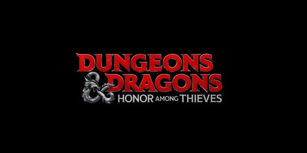 A screenshot from Dungeons and Dragons Honor Among Thieves.  It shows the film's title screen, with Dungeons and Dragons written in red font, and the draconic ampersand and the words "Honor Among Thieves" below in grey and white lettering