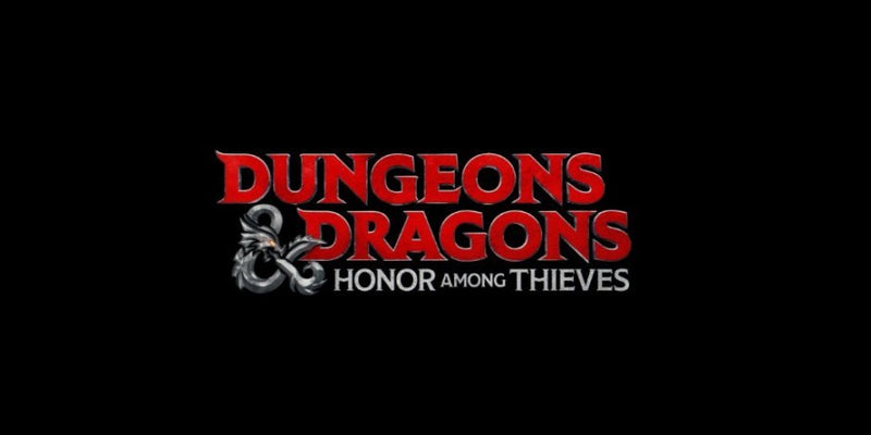 A screenshot from Dungeons and Dragons Honor Among Thieves.  It shows the film's title screen, with Dungeons and Dragons written in red font, and the draconic ampersand and the words "Honor Among Thieves" below in grey and white lettering