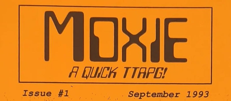 The title of Moxie from the cover of the booklet. It shows the title of the game in scifi font against a bright orange background. 