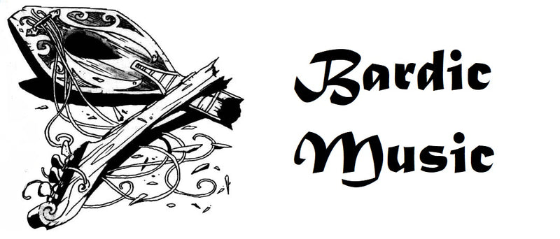 A black and white drawing of a broken lute, taken from the 3e Dungeons and Dragons supplements Song and Silence, with the words Bardic Music in typeface next to it. 