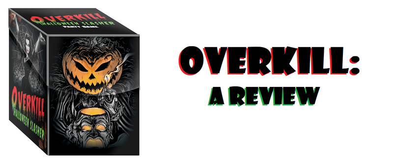 An image of a deck box for Overkill: Halloween Slasher. The box has an image of pumpkinhead on the front, and appears to have Vampira on the side. Next to the image is the words" Overkill: A Review:. 
