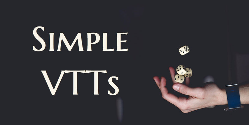 A photo of a hand tossing and catching several dice against a black background. next to it are the words "Simpel VTTS"