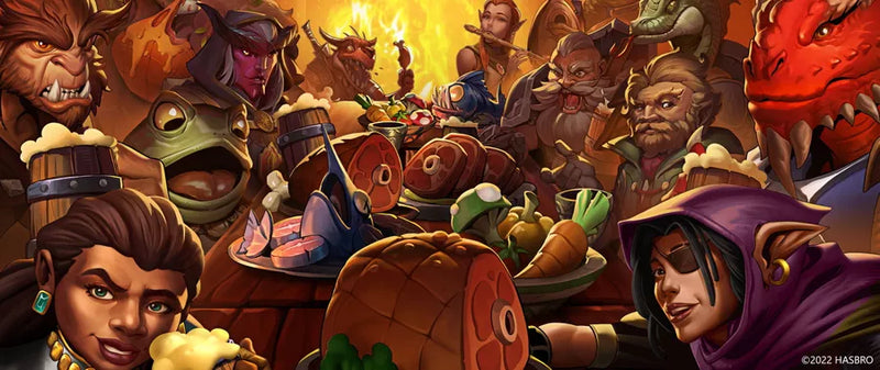 A cropped illustration from the cover of The Yawning Portal Game. it shows a variety of adventurers at an inn, seated at a long table with different kinds of food laid out between them. 